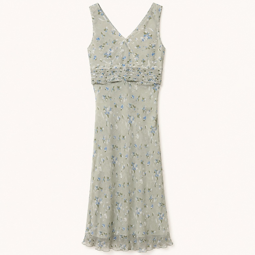 Vintage Jaclyn Smith Dress Size 12 Green Floral Silk Bias Cut Midi Fairy Dainty